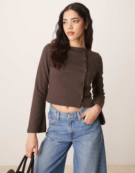 ASOS DESIGN button through flare sleeve waffle top in brown
