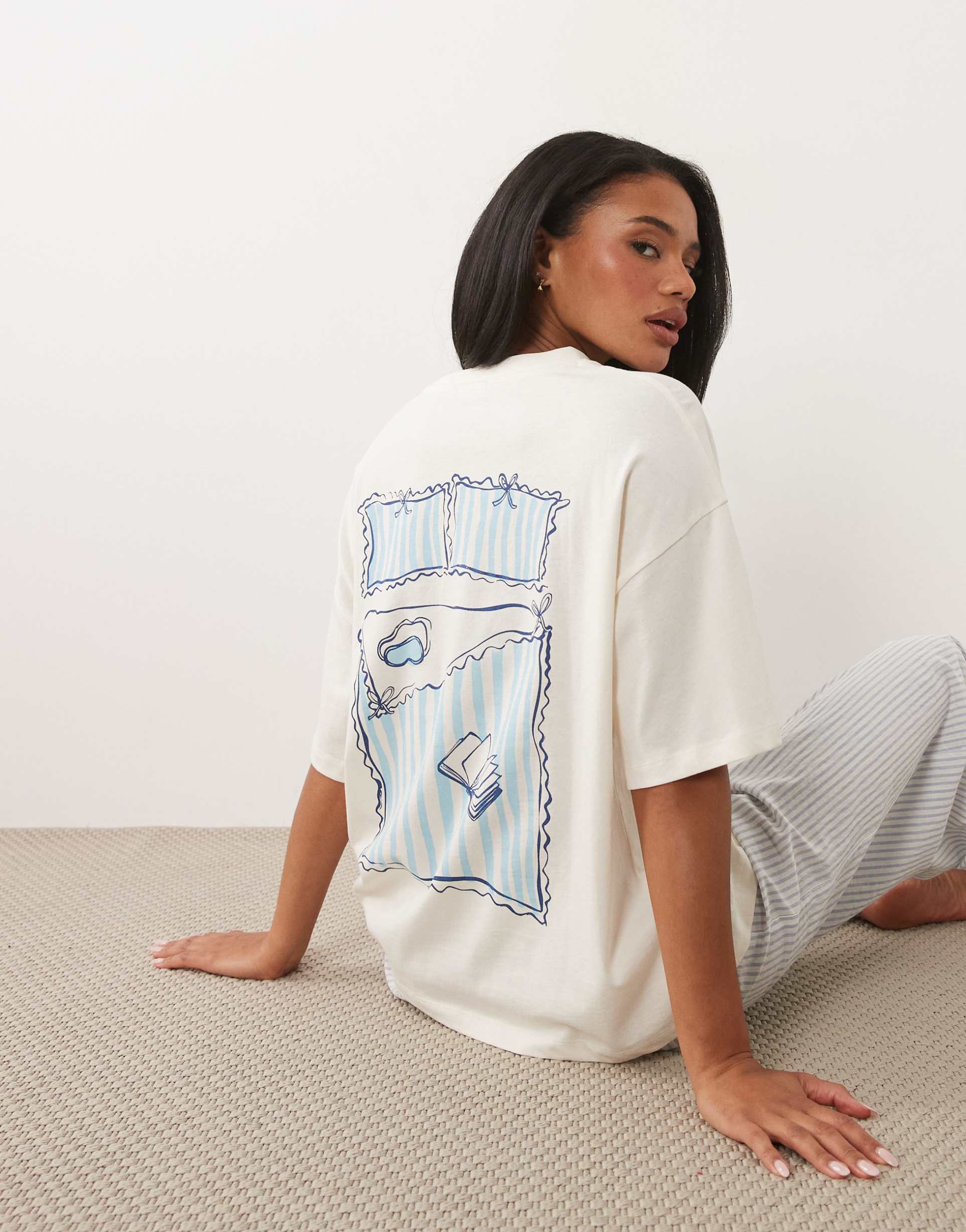 asos design breakfast in bed embroidered oversized short sleeve top & striped pants pajama set in blue