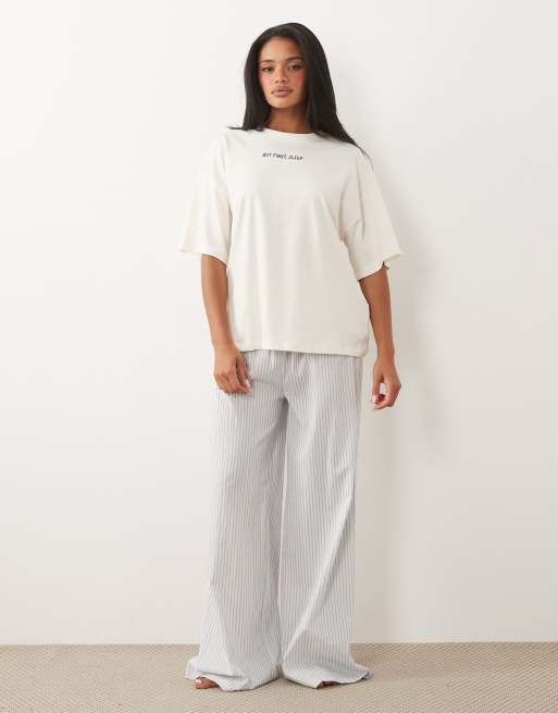 ASOS DESIGN breakfast in bed embroidered oversized short sleeve top & woven stripe pants pyjama set in blue, 2 of 4
