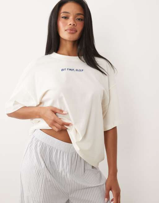 ASOS DESIGN breakfast in bed embroidered oversized short sleeve top & woven stripe pants pyjama set in blue, 3 of 4