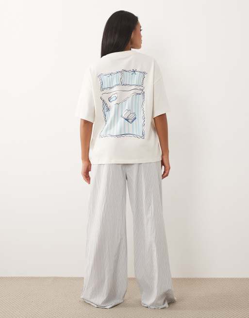 ASOS DESIGN breakfast in bed embroidered oversized short sleeve top & woven stripe pants pyjama set in blue, 4 of 4