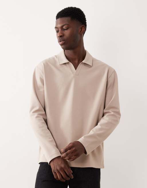 ASOS DESIGN – breatheMAX™ – Beige, avslappnad pikétröja i kraftig bomullsmix med långa ärmar och platt krage