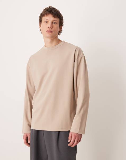ASOS DESIGN – breatheMAX™ – Beige t-shirt i kraftig bomullsmix och oversized fit med långa ärmar - view 1