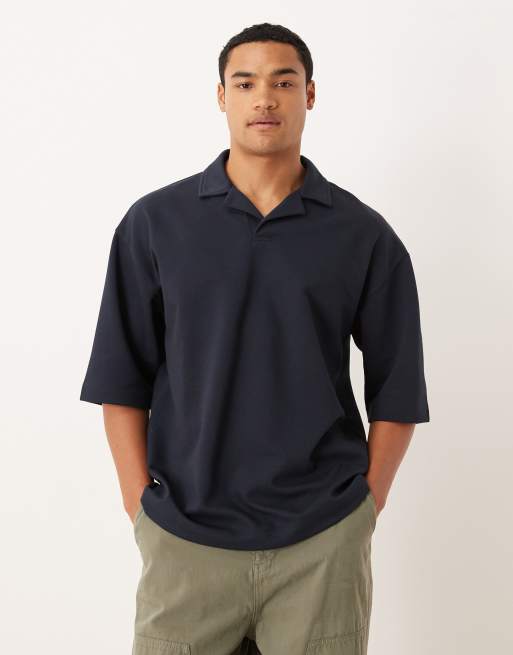 ASOS DESIGN – BreatheMAX™ – Gruba koszulka polo oversize z mieszanki bawełny z rękawami do łokci i kołnierzykiem kubańskim