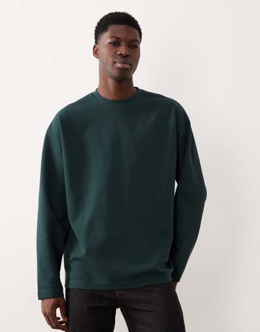 ASOS DESIGN – BreatheMAX™ – Gruby ciemnozielony T-shirt oversize z mieszanki bawełny z długimi rękawami