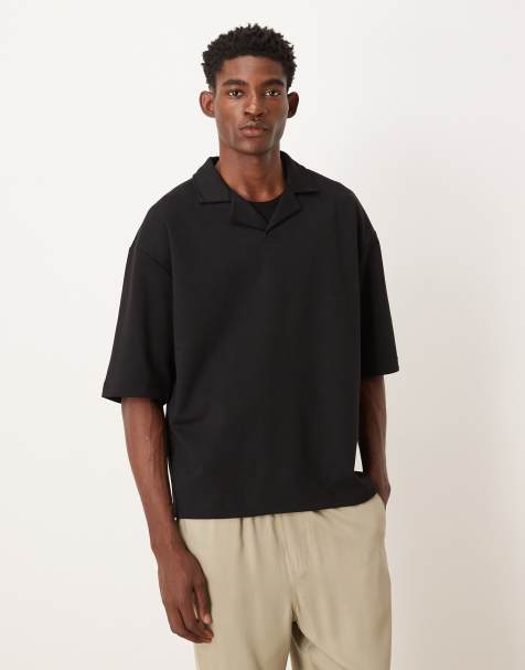 ASOS DESIGN – BreatheMAX™ – Gruby czarny T-shirt oversize z mieszanki bawełny z rękawami do łokci i kołnierzykiem kubańskim - view 1