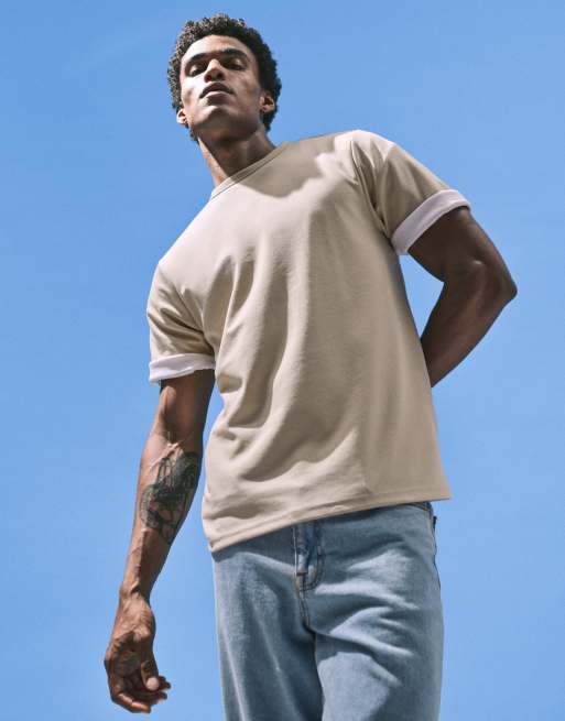 ASOS DESIGN breatheMAX™ heavyweight cotton blend regular fit T-shirt in stone , 4 of 5