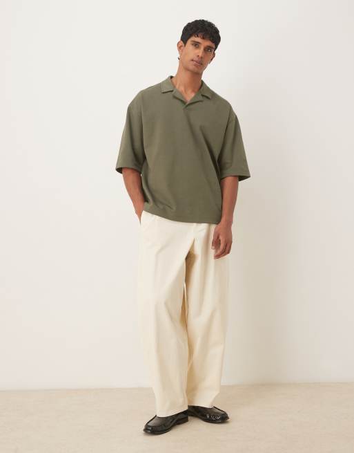 ASOS DESIGN breatheMAX™ heavyweight oversized half sleeve revere polo shirt in khaki cotton