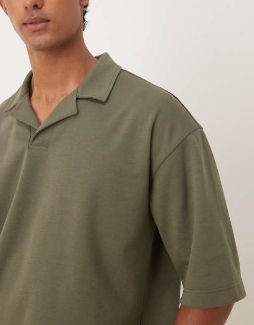 ASOS DESIGN breatheMAX™ heavyweight oversized half sleeve revere polo shirt in khaki cotton
