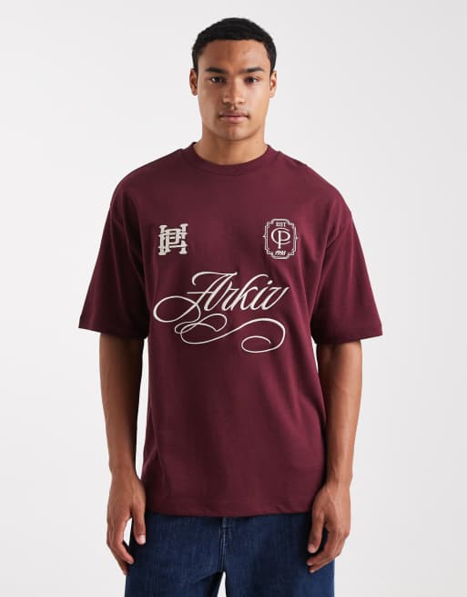 ASOS DESIGN breatheMAX™ heavyweight oversized t-shirt with sports graphic in burgundy