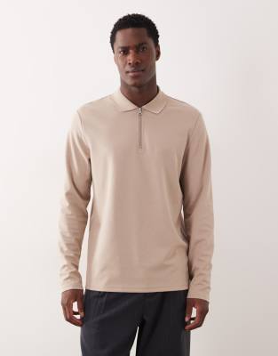 Asos Design Breathemax™ Heavyweight Regular Fit Long Sleeve Zip Polo In Neutral