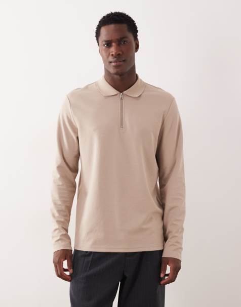 ASOS DESIGN breatheMAX™ heavyweight regular fit long sleeve zip polo in stone cotton blend