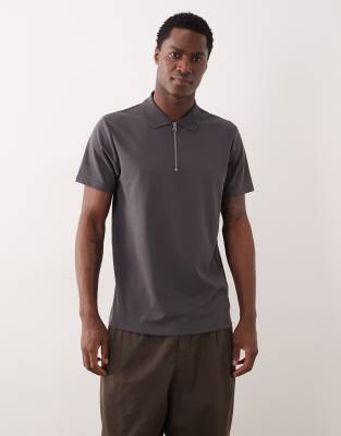 Asos Design Breathemax™ Heavyweight Regular Fit Partial Zip Polo In Gray