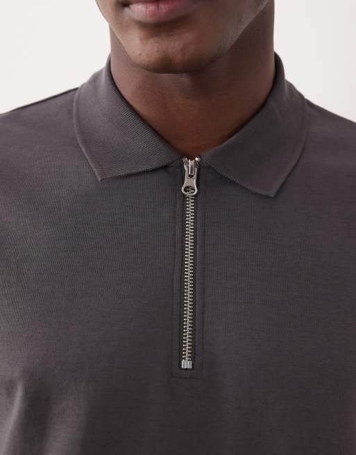 ASOS DESIGN breatheMAX™ heavyweight regular fit partial zip polo in charcoal cotton blend, 4 of 5