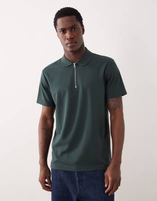 Asos Design Breathemax™ Heavyweight Regular Fit Partial Zip Polo In Green