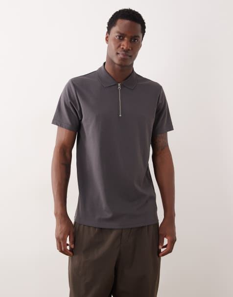 ASOS DESIGN breatheMAX™ heavyweight regular fit zip polo in charcoal cotton blend - view 1