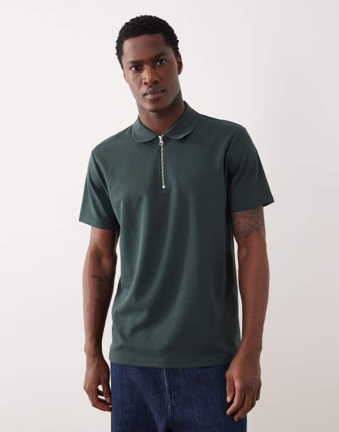 ASOS DESIGN breatheMAX™ heavyweight regular fit zip polo in dark green cotton blend - view 1