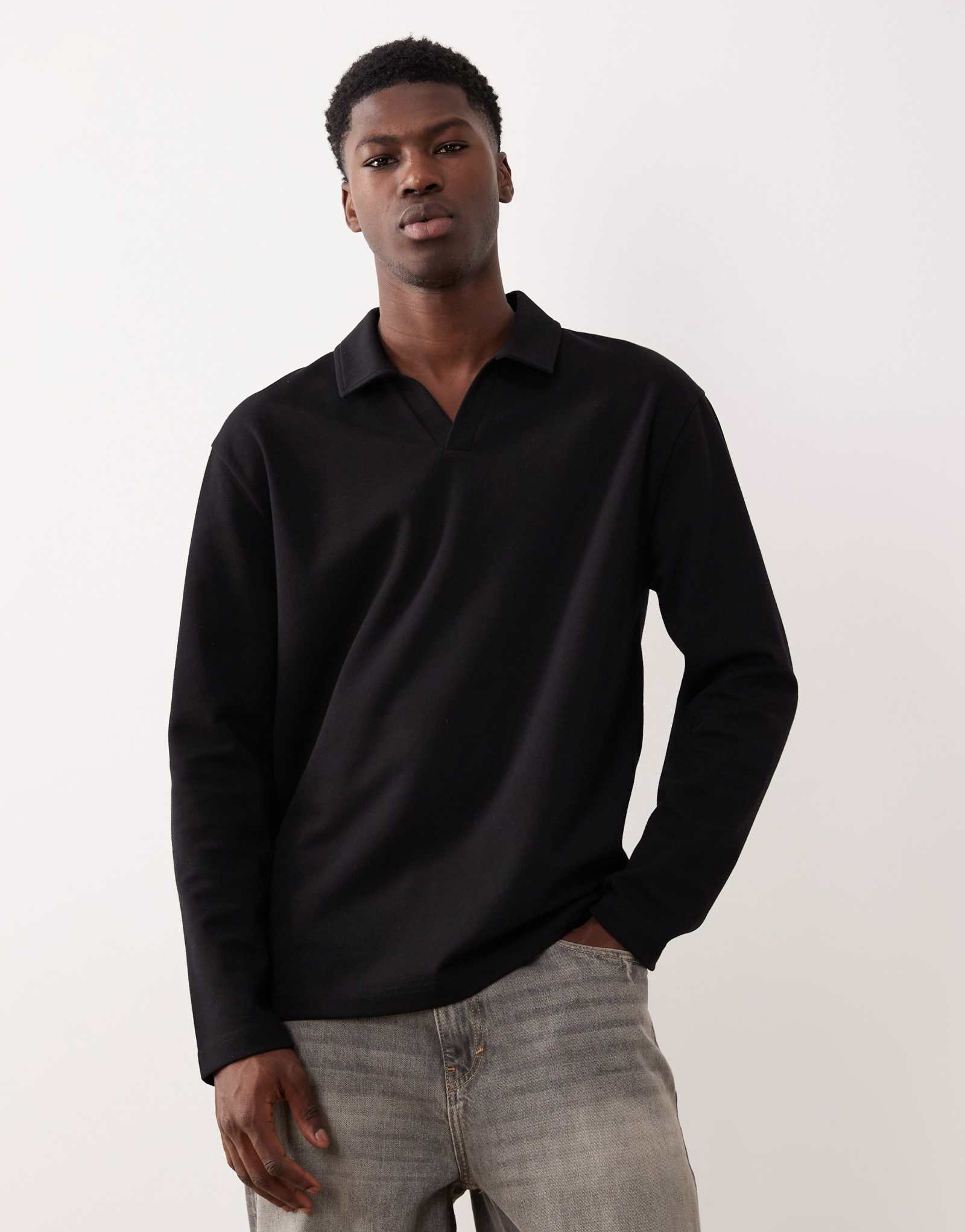 Футболка-поло camp с длинным рукавом свободного кроя от ASOS DESIGN breatheMAX™ в супертяжелом весе из черной хлопчатобумажной смеси