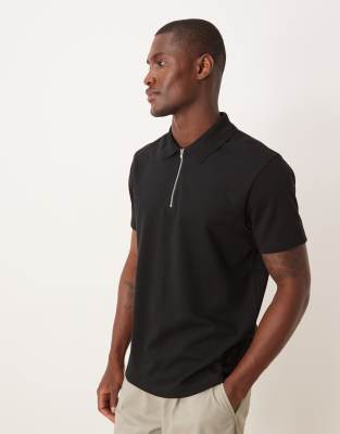 ASOS DESIGN breatheMAX™ heavyweight zip polo in black cotton blend