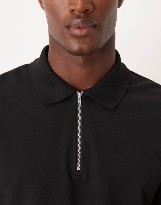 ASOS DESIGN breatheMAX™ heavyweight zip polo in black cotton blend
