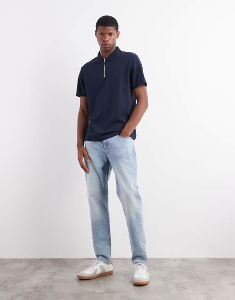 ASOS DESIGN breatheMAX™ heavyweight zip polo in navy cotton blend - view 1