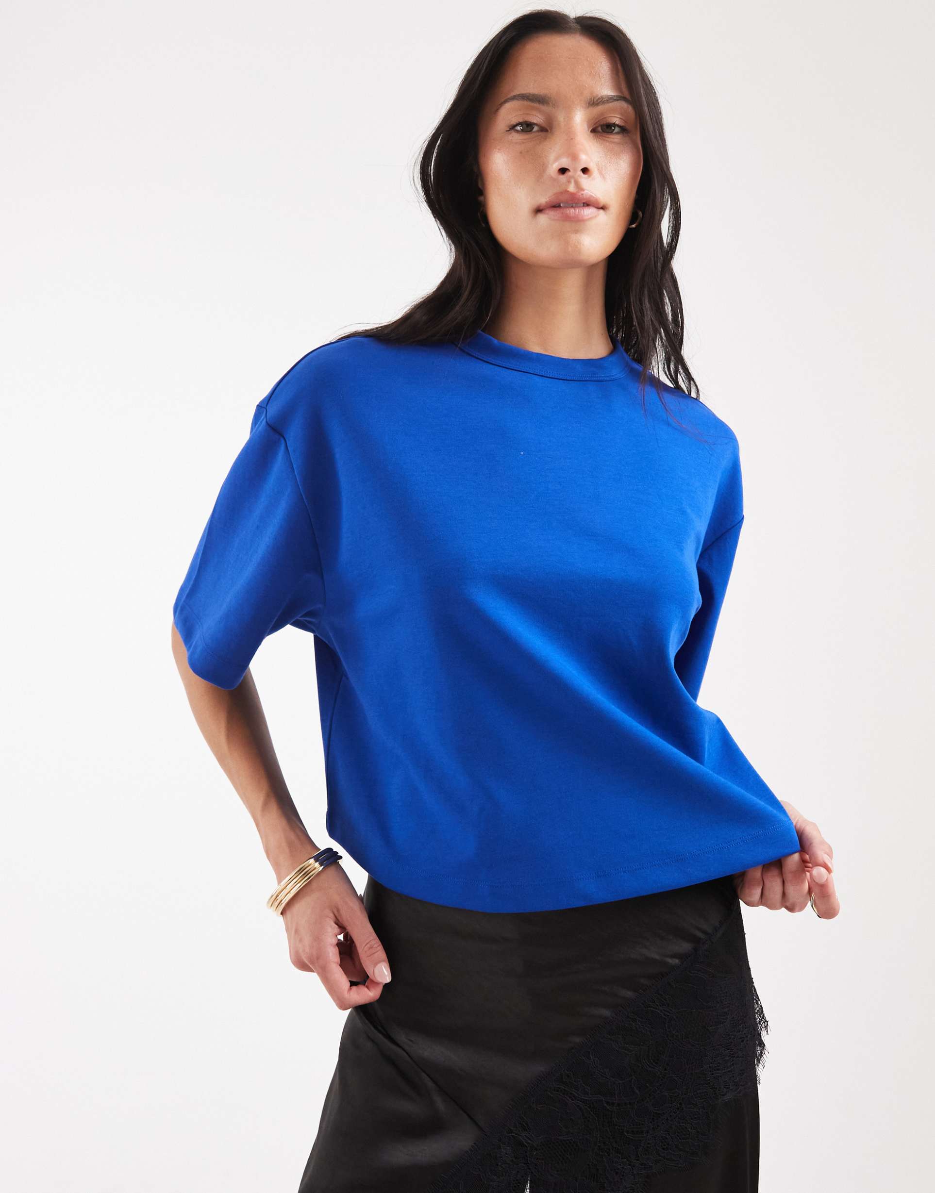 asos design breathemax™ interlock boxy crop short sleeve t-shirt in bright blue