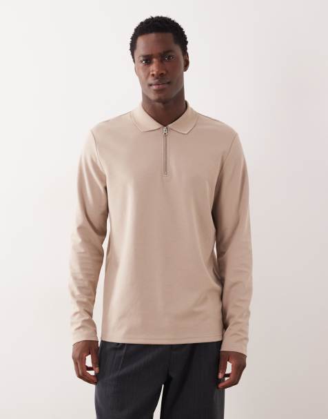 ASOS DESIGN – breatheMAX™ – Langärmliges Regular-Fit-Polohemd aus schwerem Baumwollmix in Steinbeige mit Reißverschluss - view 1