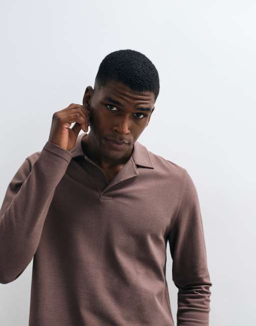 ASOS DESIGN breatheMAX Lite long sleeve revere polo in brown pique, 3 of 5