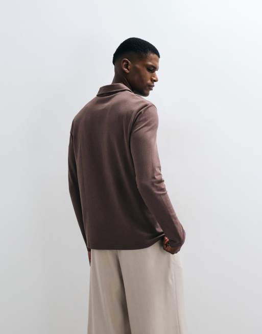 ASOS DESIGN breatheMAX Lite long sleeve revere polo in brown pique, 5 of 5