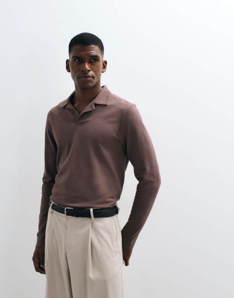 ASOS DESIGN breatheMAX™ Lite regular fit long sleeve revere polo in brown pique - view 1
