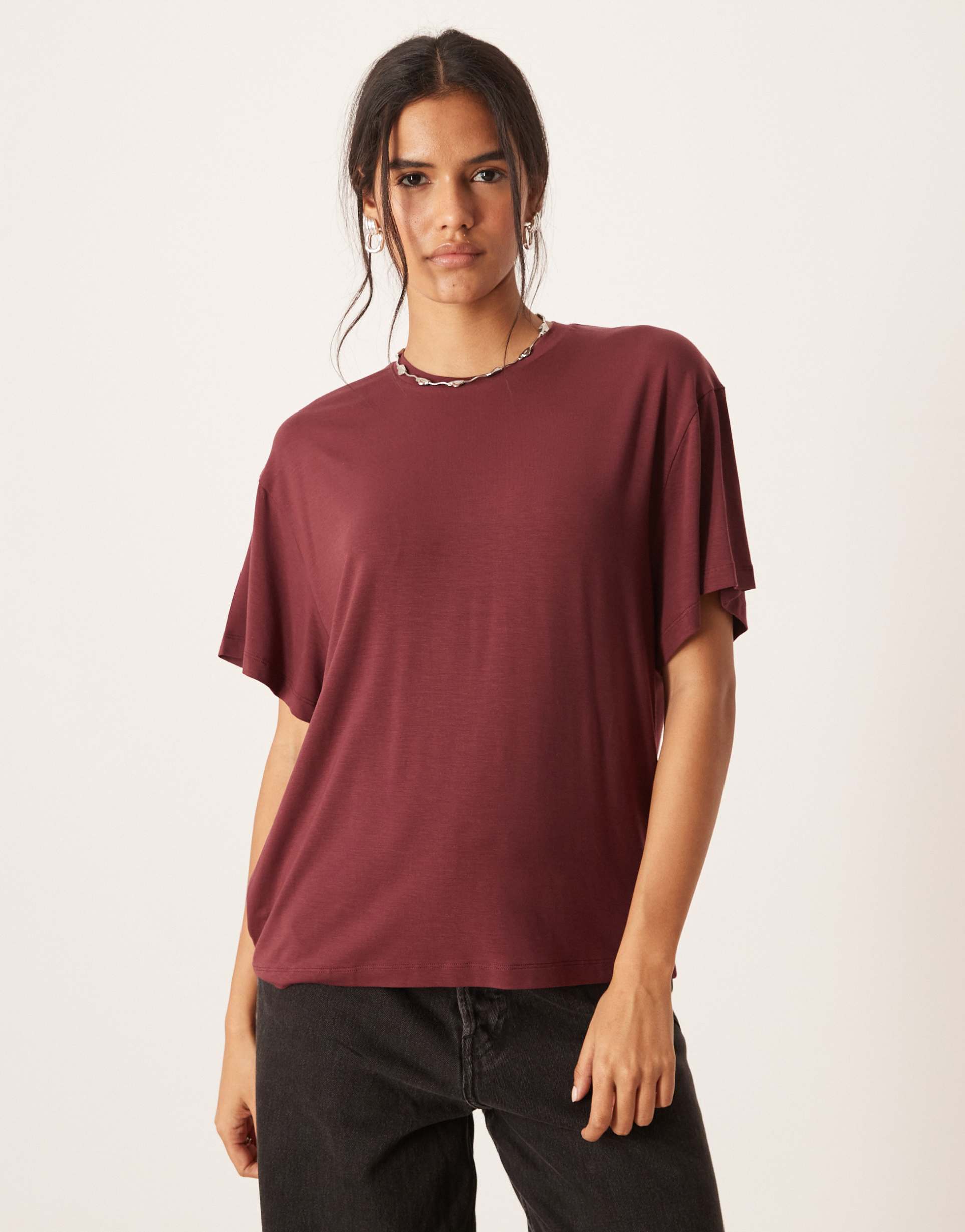 asos design breathemax™ lyocell draped t-shirt in burgundy