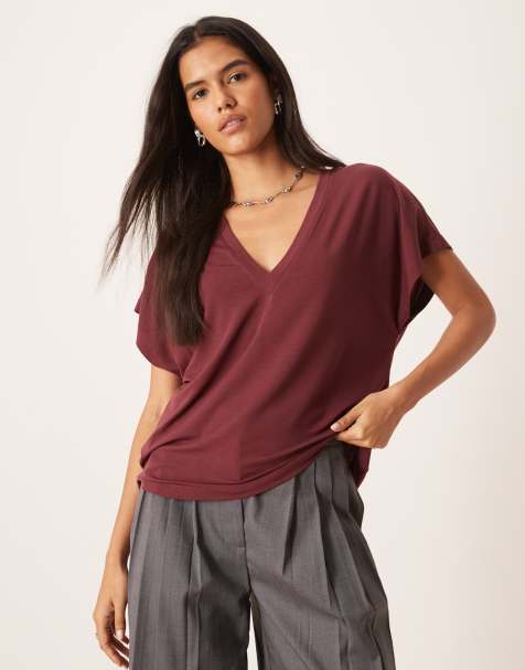 ASOS DESIGN breatheMAX™ lyocell drapey V-neck T-shirt in burgundy - view 1