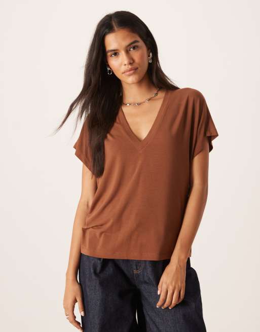 ASOS DESIGN breathemax lyocell V-neck T-shirt in chocolate