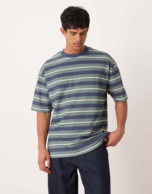 ASOS DESIGN – breatheMAX™ – Oversize-T-Shirt aus schwerem Stoff mit Streifen in Blau und Braun