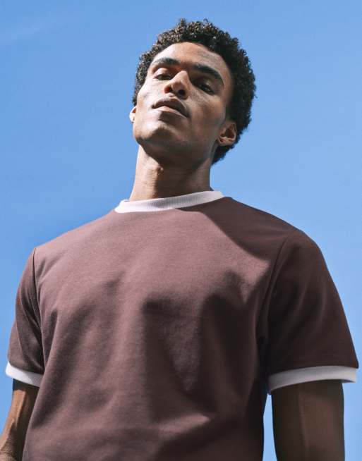 ASOS DESIGN breatheMAX™ regular fit t-shirt with tonal ringer in brown, 4 of 5