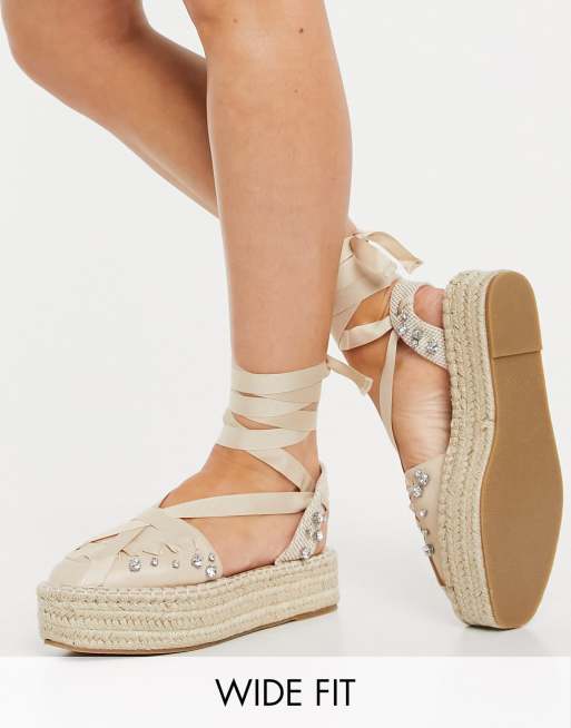 ASOS DESIGN – Bred passform – Beige, flatform-espadriller med knytning runt benet
