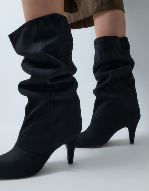ASOS DESIGN bred passform Contessa boots med konklack och slouch-skaft till knät i svart suedette - view 1