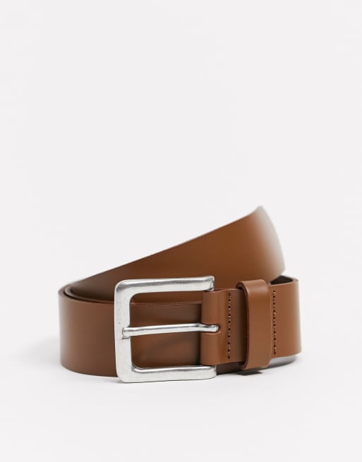 ASOS DESIGN - Brede leren riem in bruin met gepolijste zilveren gesp