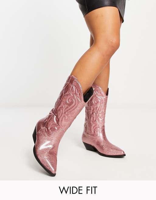 ASOS DESIGN - Brede Pasvorm - Andi - Platte kniehoge westernlaarzen in roze glitter