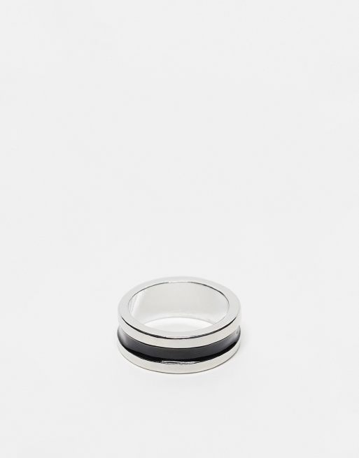 ASOS DESIGN - Brede ring met zwart email in zilverkleur