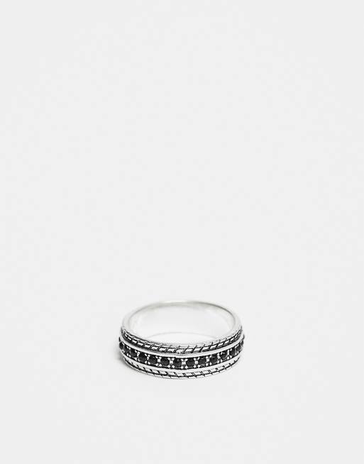 ASOS DESIGN - Brede ring met zwarte kristallen in gepolijste zilverkleur