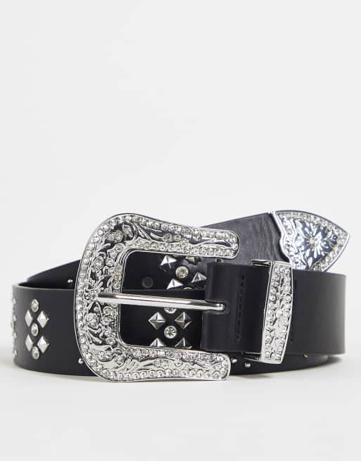 ASOS DESIGN - Brede westernriem van imitatieleer met studs en kristallen in zwart