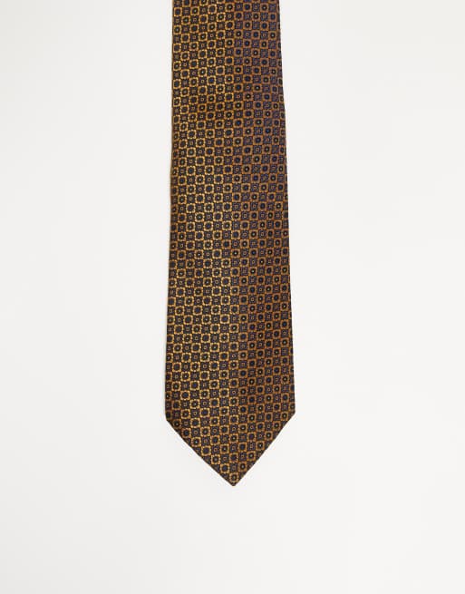 ASOS DESIGN - Bredt retro-slips med geometrisk blomstermønster i guld og marineblå