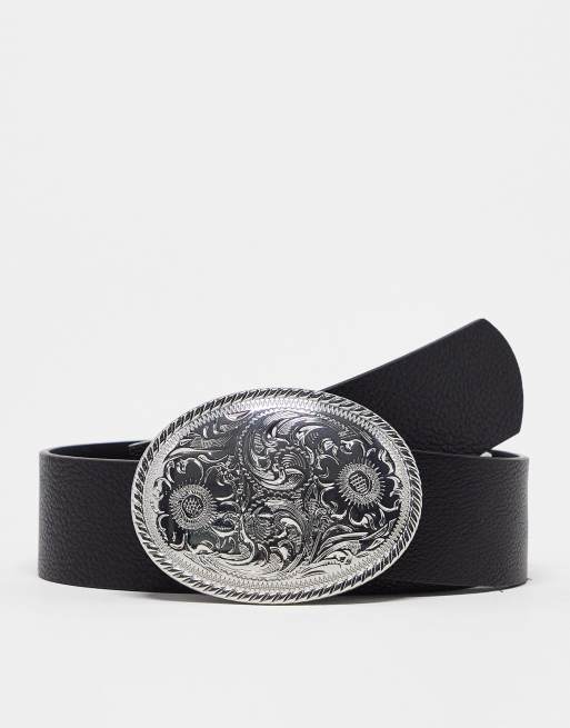 ASOS DESIGN - Bredt sort bælte med tekstur og cowboyspænde i imiteret læder 