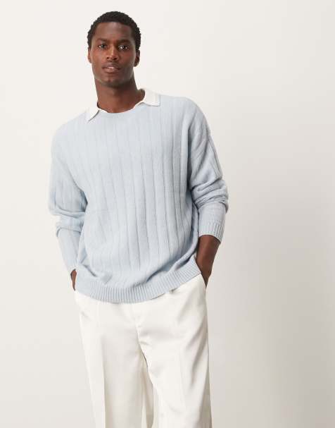 ASOS DESIGN – Breit gerippter Strickpullover aus Lammwolle in Hellblau mit lockerem Schnitt - view 1