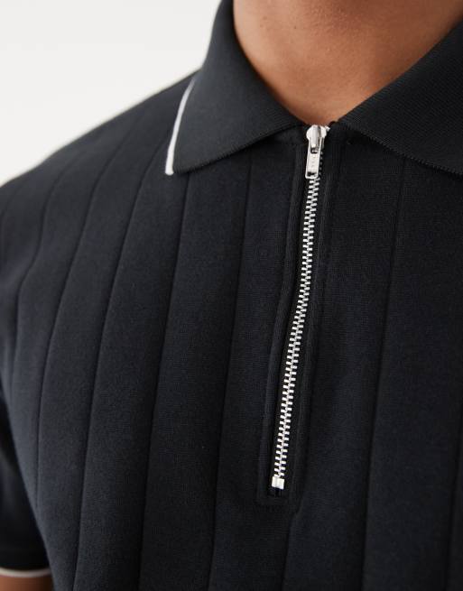ASOS DESIGN – Breit geripptes Regular-Fit-Polohemd in Schwarz mit Reißverschluss, 4 von 5