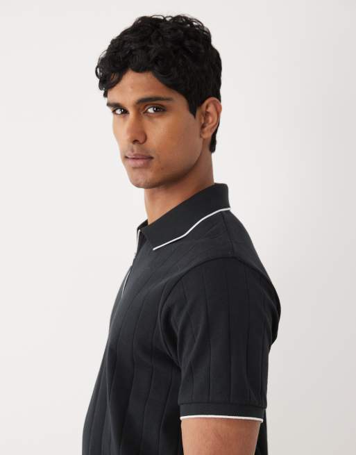 ASOS DESIGN – Breit geripptes Regular-Fit-Polohemd in Schwarz mit Reißverschluss, 5 von 5