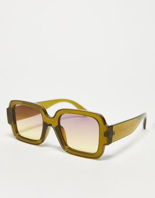 ASOS DESIGN - Breite, eckige Sonnenbrille in Kristallgrün