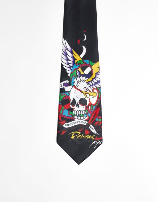 ASOS DESIGN – Breite, modische Krawatte in Schwarz mit Totenkopf-Print
