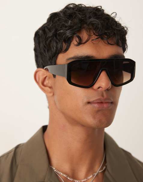 ASOS DESIGN – Breite Pilotensonnenbrille in Schwarz mit Gläsern in Braun - view 1